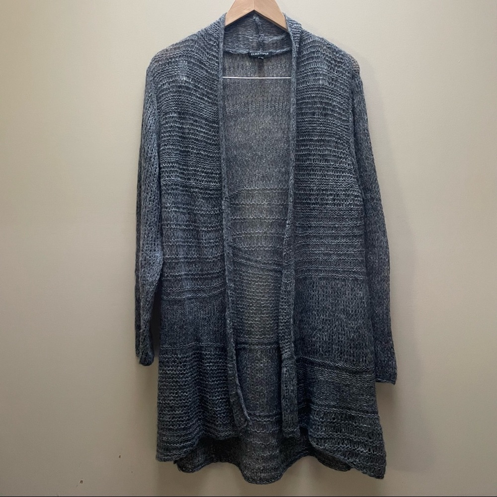 Eileen Fisher Gray Alpaca Wool Open Knit Long Cardigan